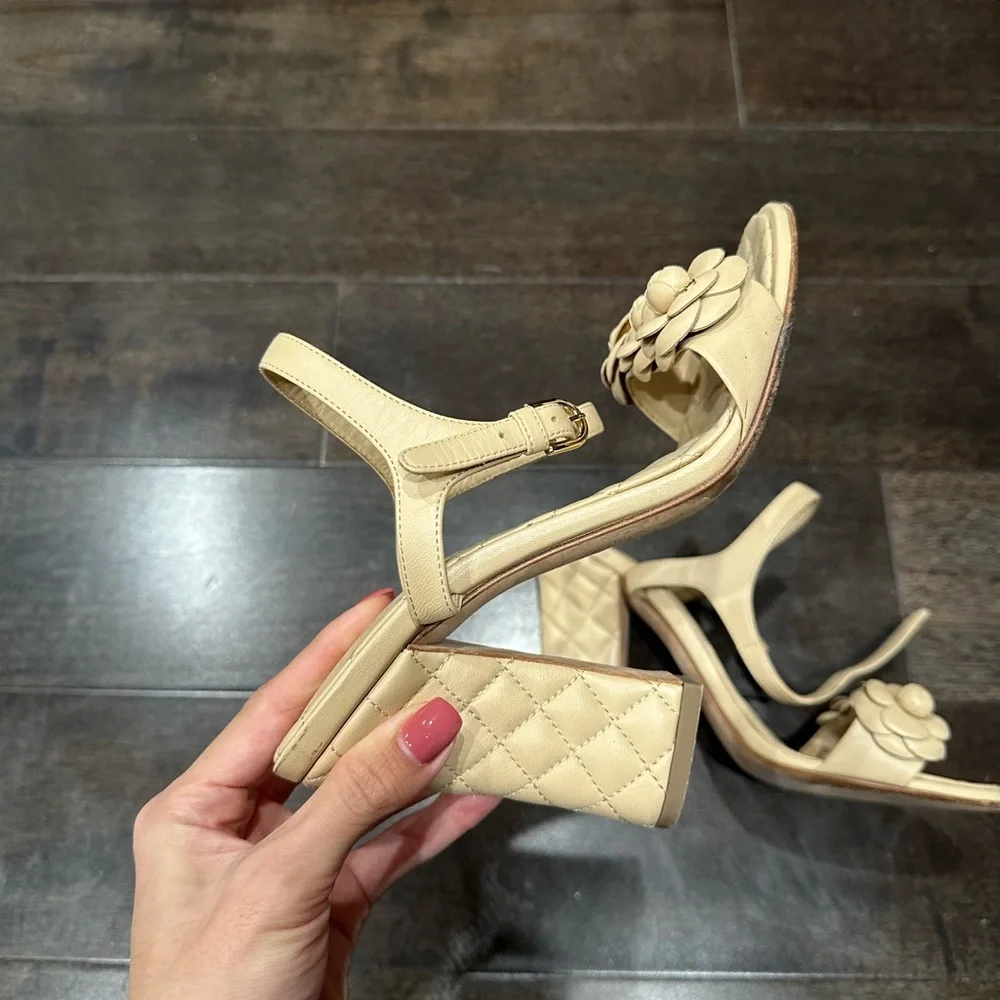 CHANEL Camellia Quilted Leather Block Heel Sandals Beige EU 38.5